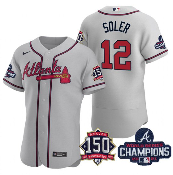 Men's Atlanta Braves #12 Jorge Soler 2021 Grey World Series Champions With 150th Anniversary Flex Base Stitched Jersey Men's Atlanta Braves #12 Jorge Soler 2021 Grey World Series Champions With 150th Anniversary Flex Base Stitched Jersey